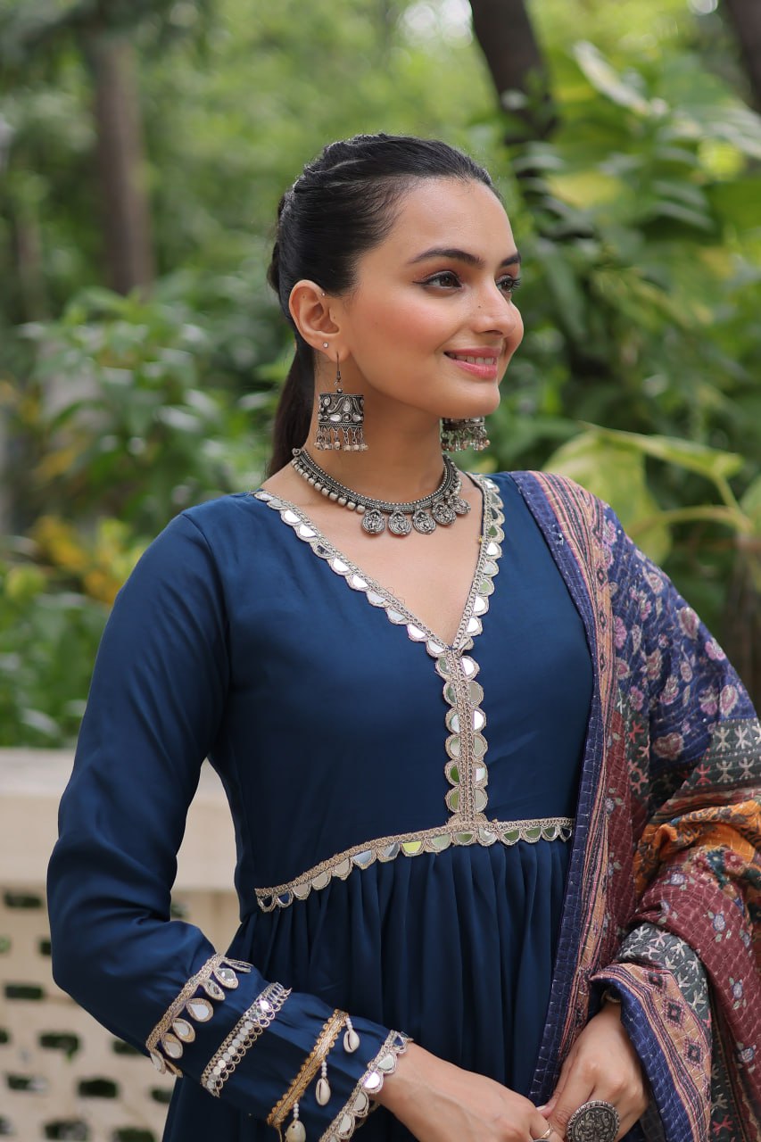 Blue Roman Fabric Frill-Stitched Gown with Maslin Crochet Dupatta
