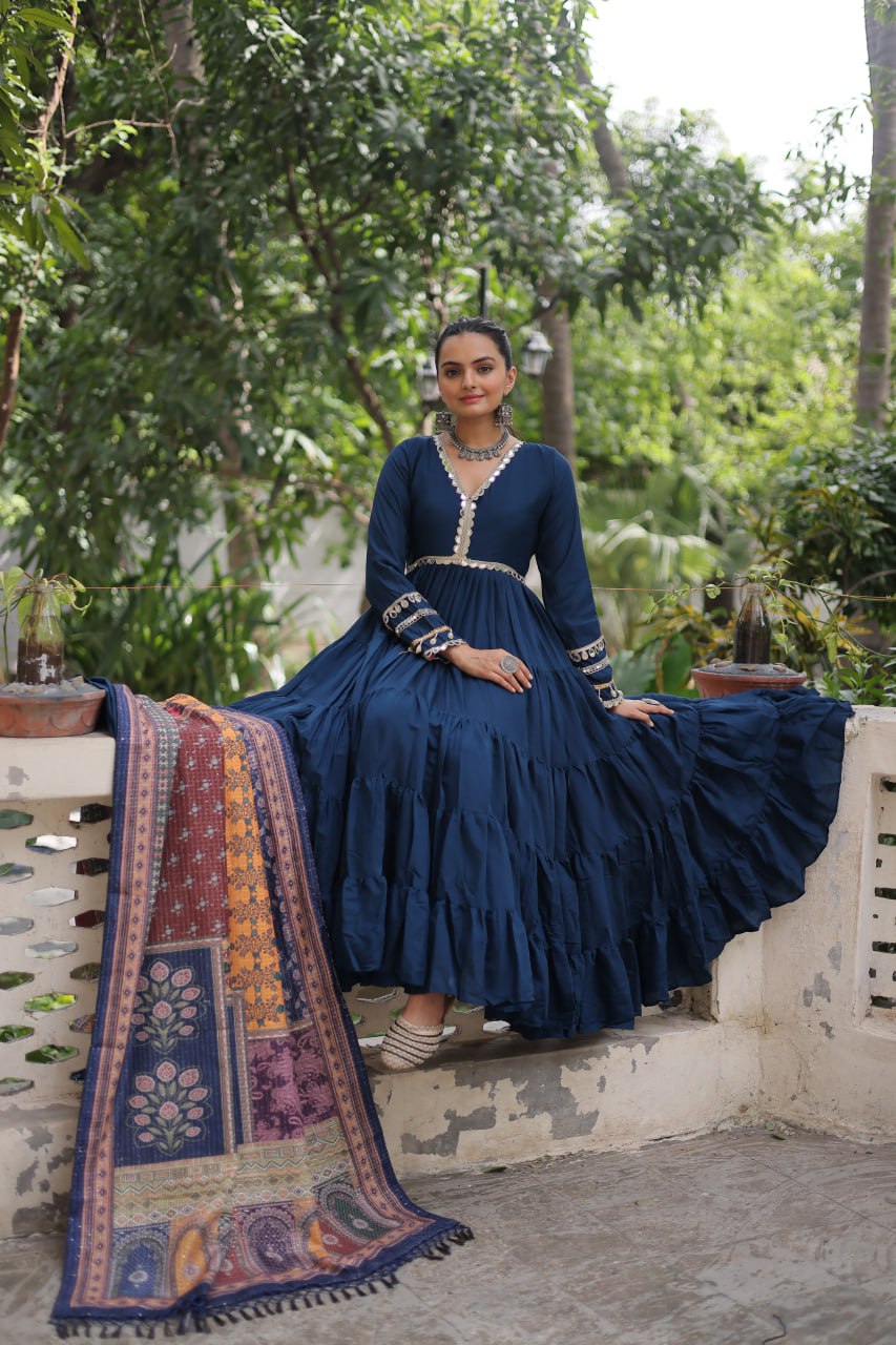 Blue Roman Fabric Frill-Stitched Gown with Maslin Crochet Dupatta