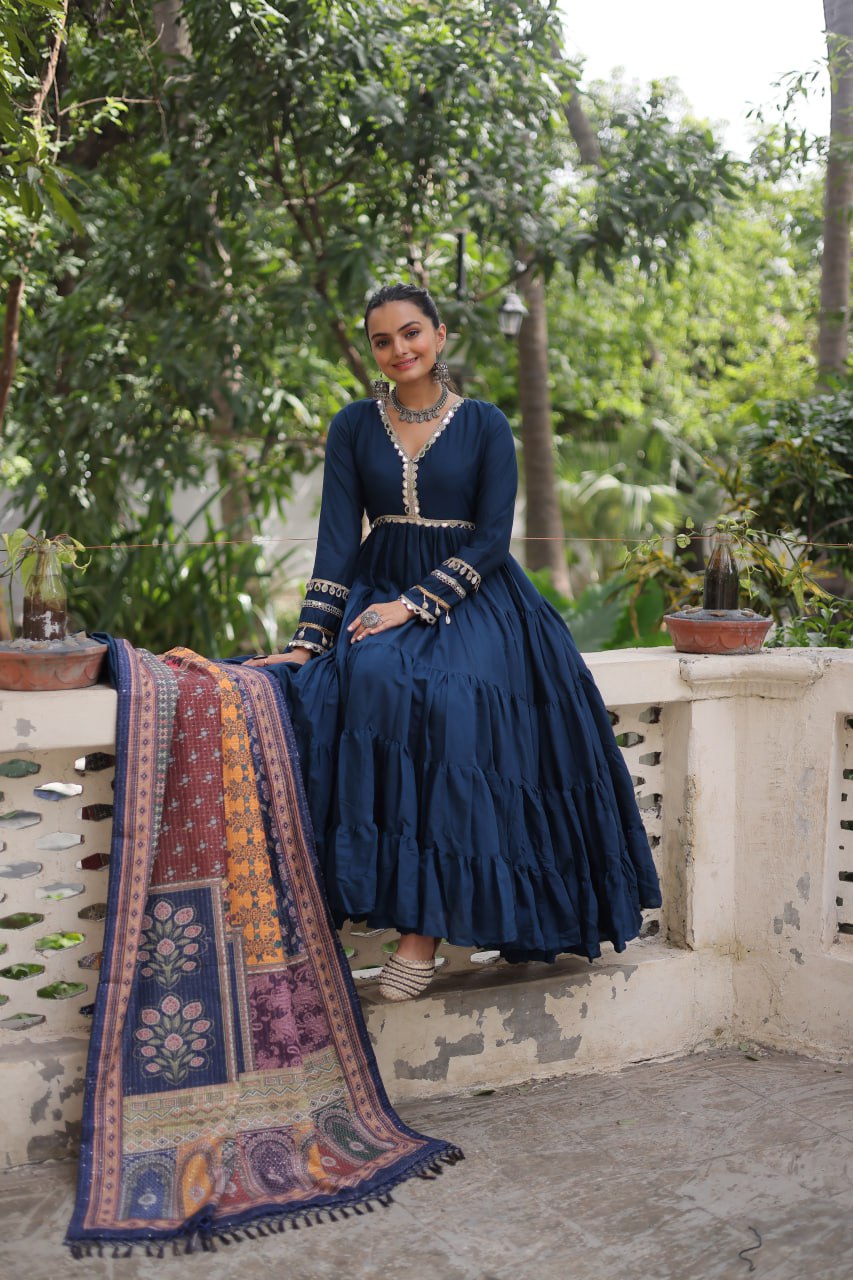 Blue Roman Fabric Frill-Stitched Gown with Maslin Crochet Dupatta