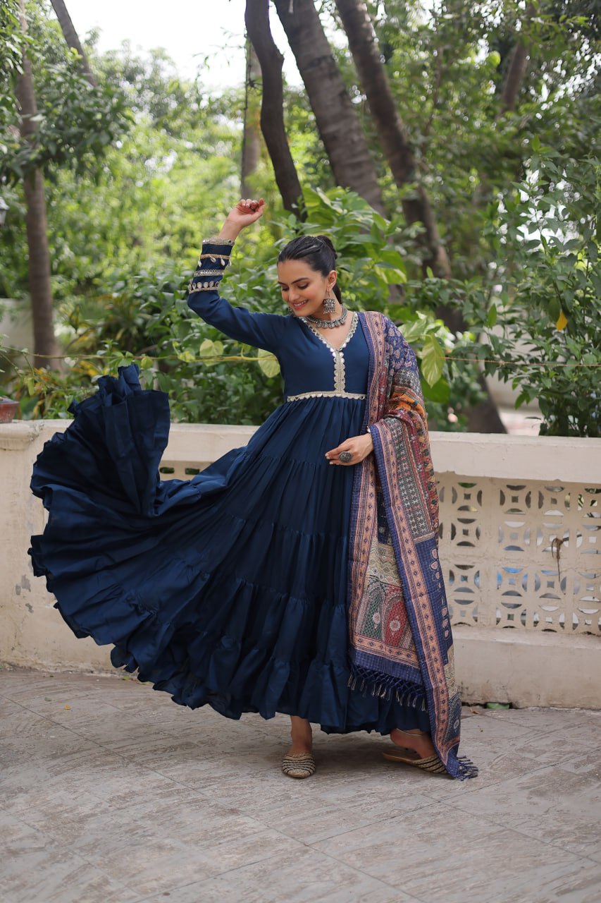 Blue Roman Fabric Frill-Stitched Gown with Maslin Crochet Dupatta
