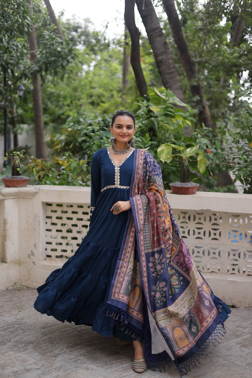 Blue Roman Fabric Frill-Stitched Gown with Maslin Crochet Dupatta