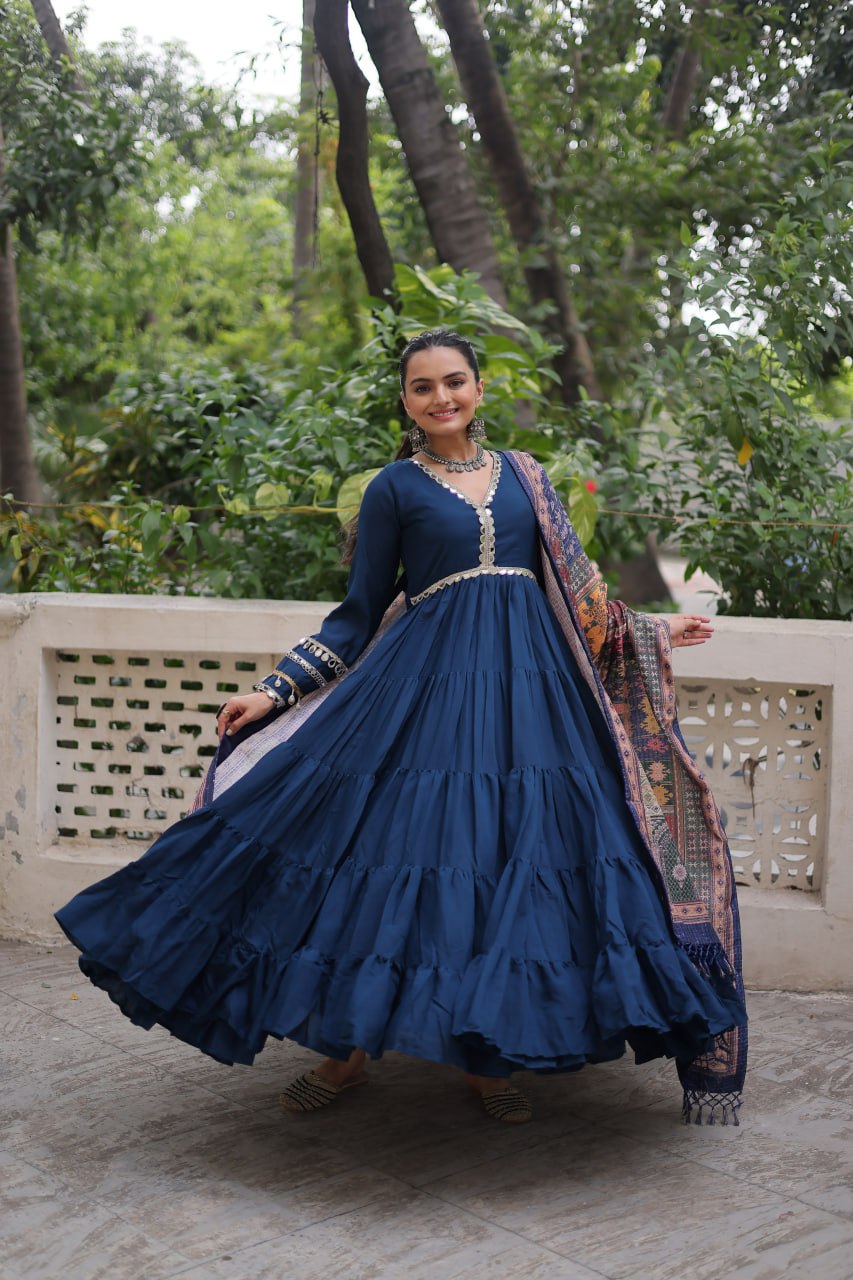 Blue Roman Fabric Frill-Stitched Gown with Maslin Crochet Dupatta