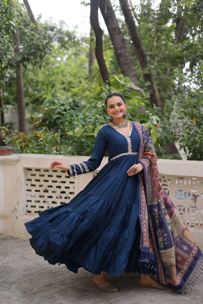 Blue Roman Fabric Frill-Stitched Gown with Maslin Crochet Dupatta
