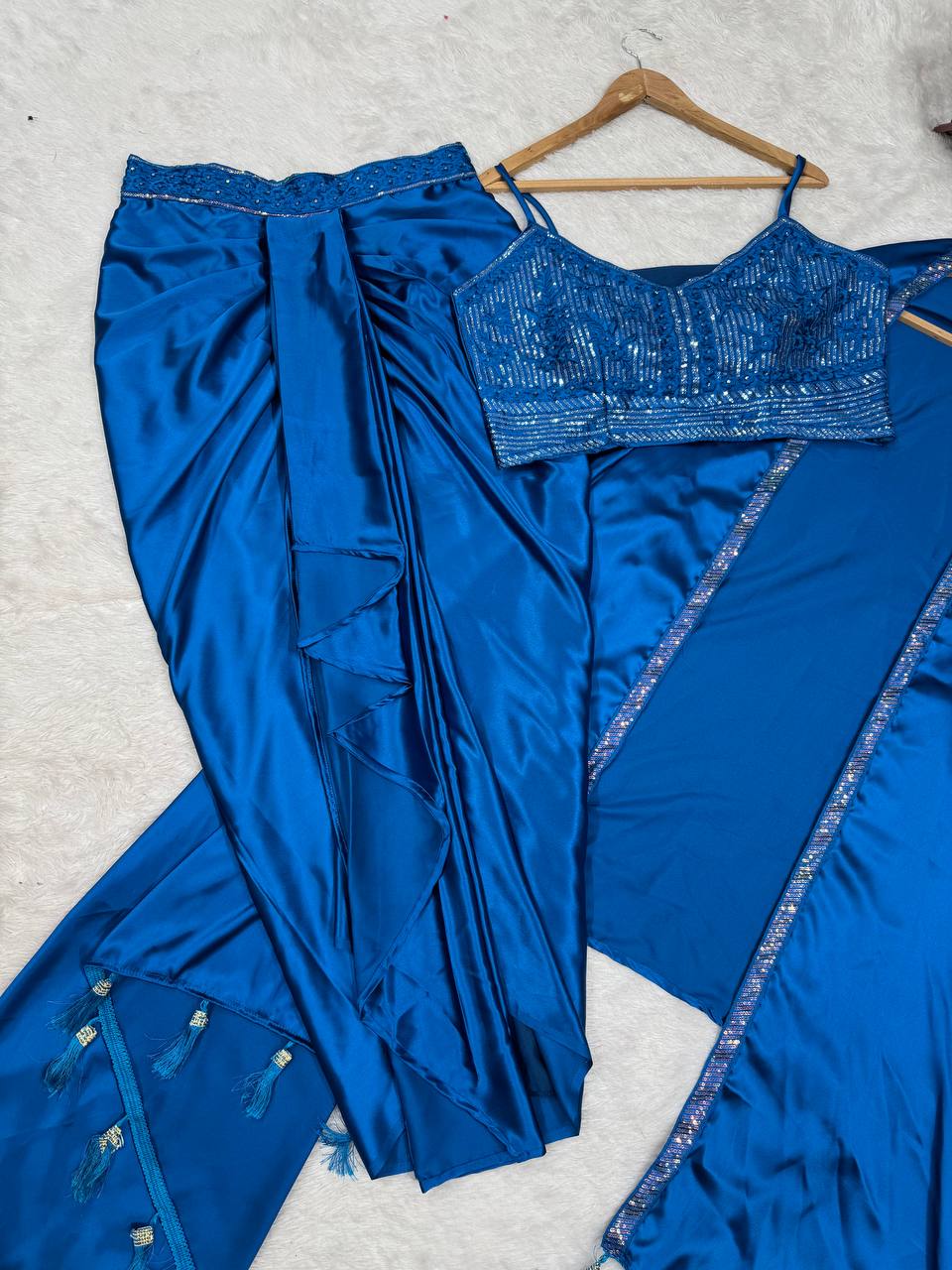 Blue Satin Silk Dhoti Style Set with Embroidered Choli & Tassel Shrug – Ready to Wear