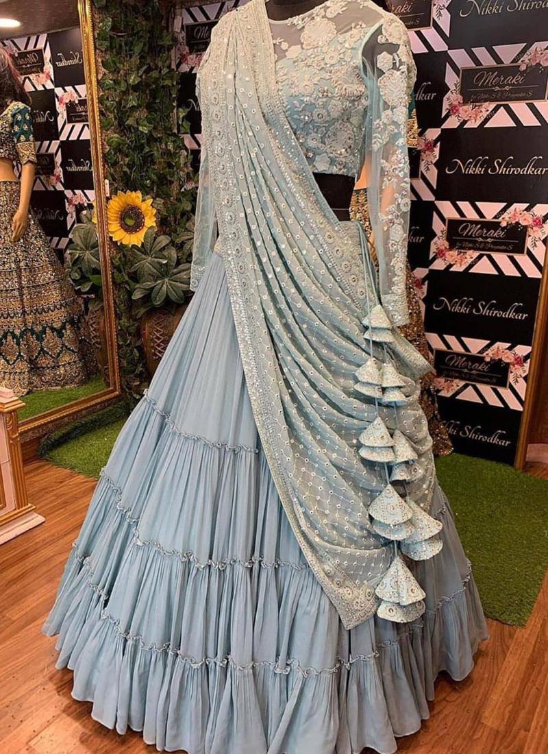 Blue Sequin Resham And Georgette Ruffle Flared Lehenga Choli For Sangeet