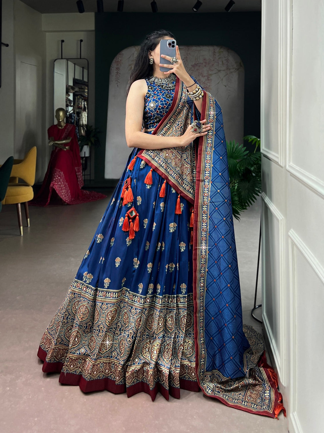 Blue Silk Ajrak Printed Lehenga
