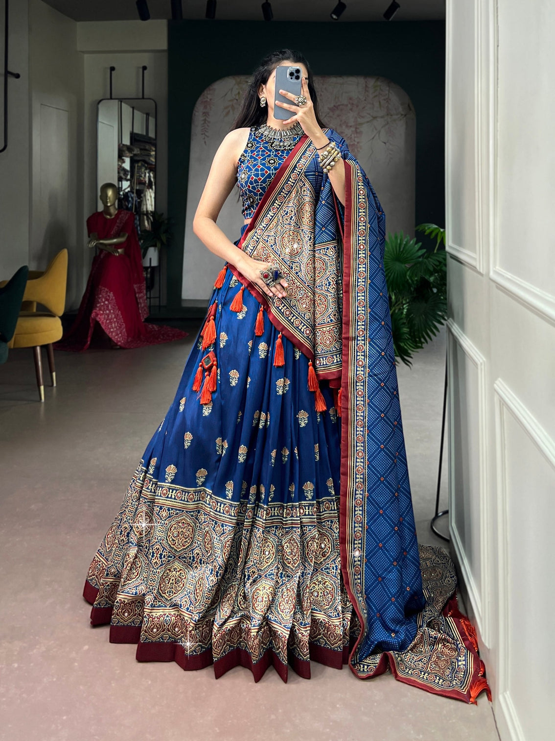 Blue Silk Ajrak Printed Lehenga