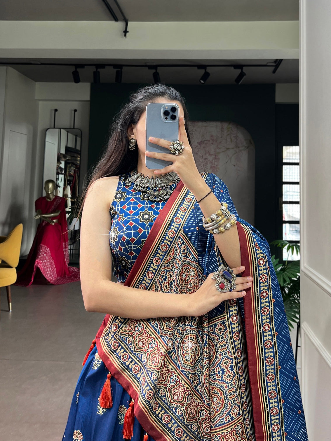 Blue Silk Ajrak Printed Lehenga