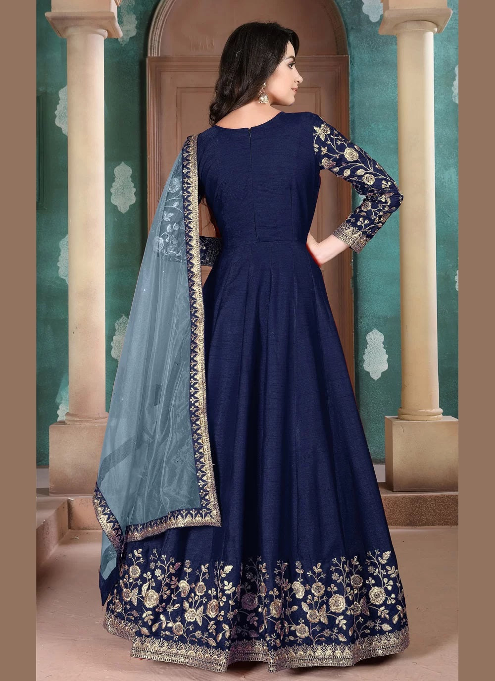 Blue silk embroidered anarkali