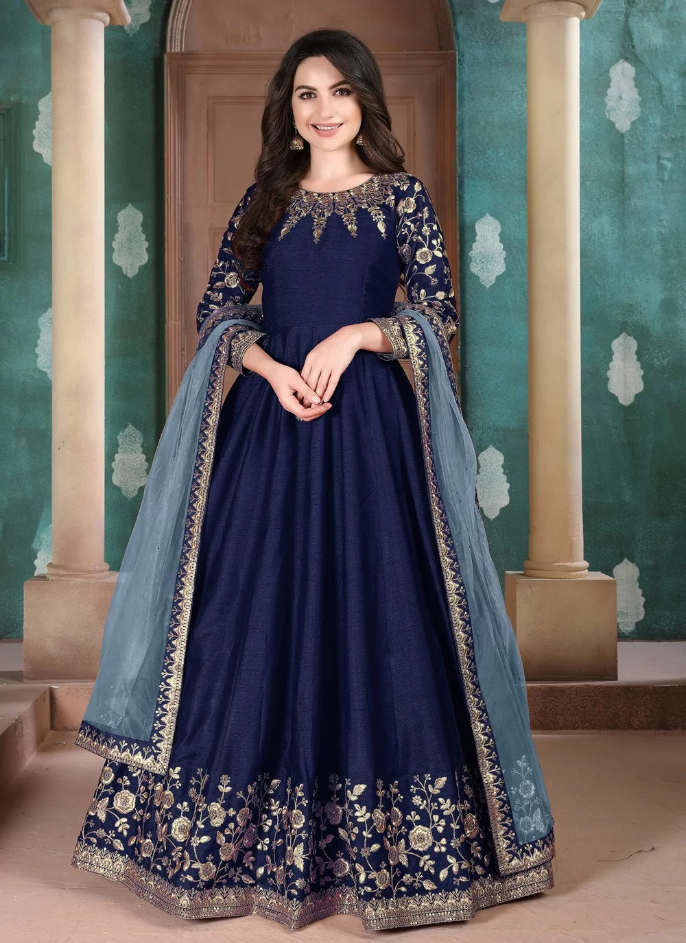 Blue silk embroidered anarkali