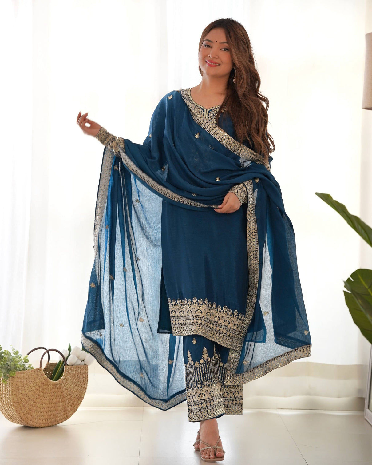 Blue Silk Embroidered Kurta Pant Set