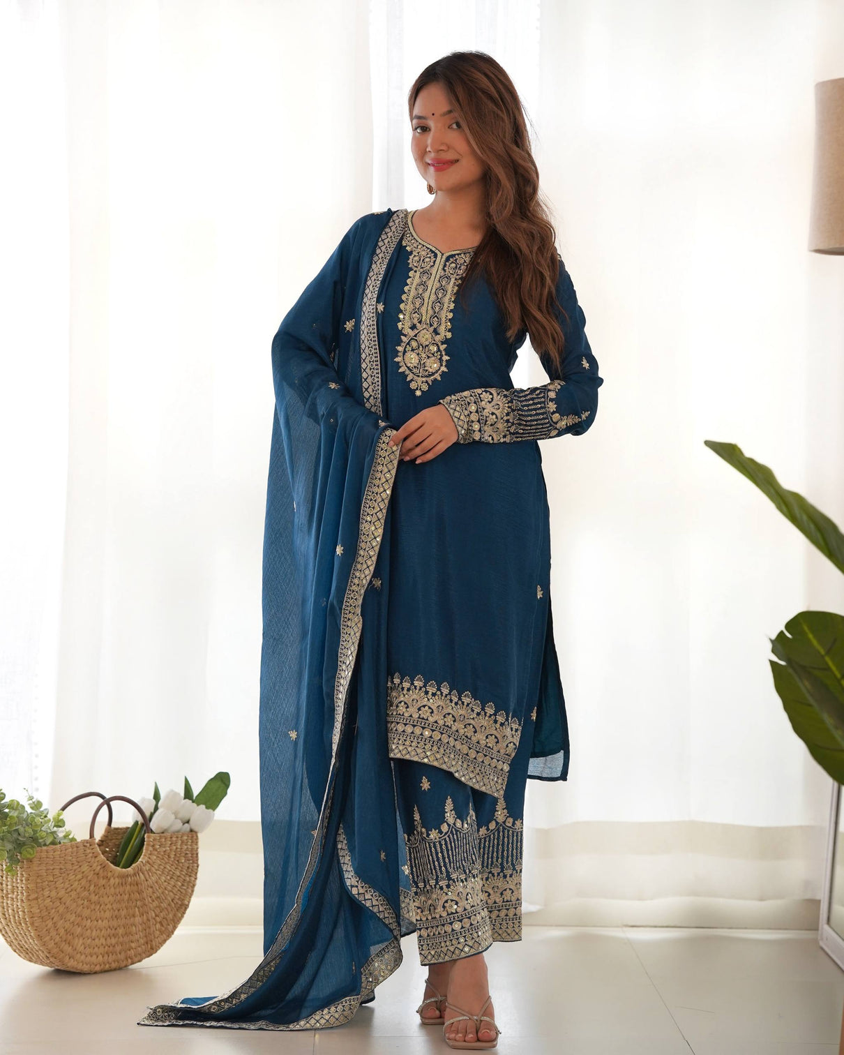 Blue Silk Embroidered Kurta Pant Set