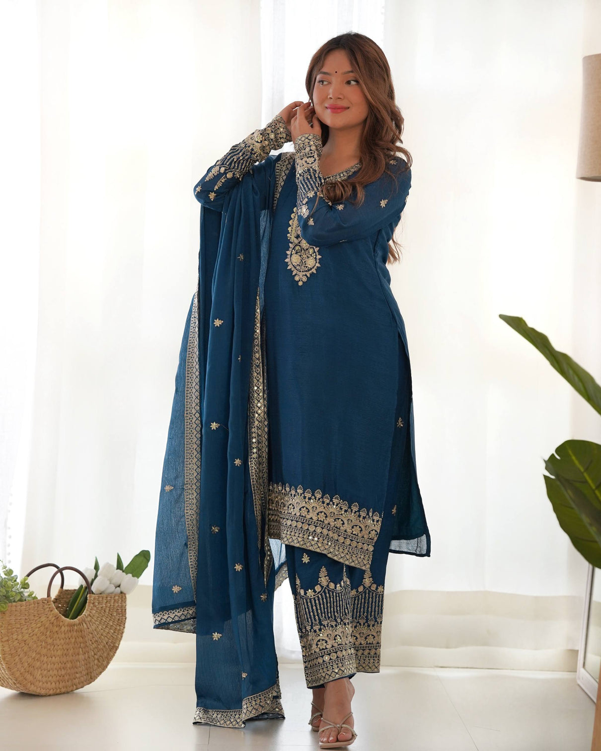 Blue Silk Embroidered Kurta Pant Set