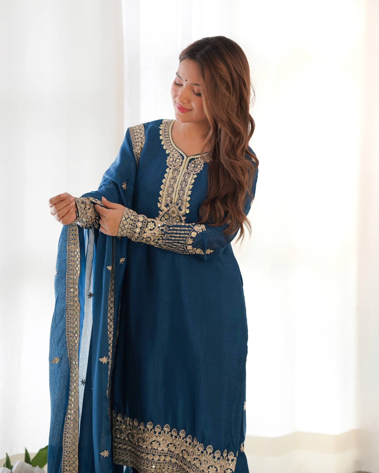 Blue Silk Embroidered Kurta Pant Set