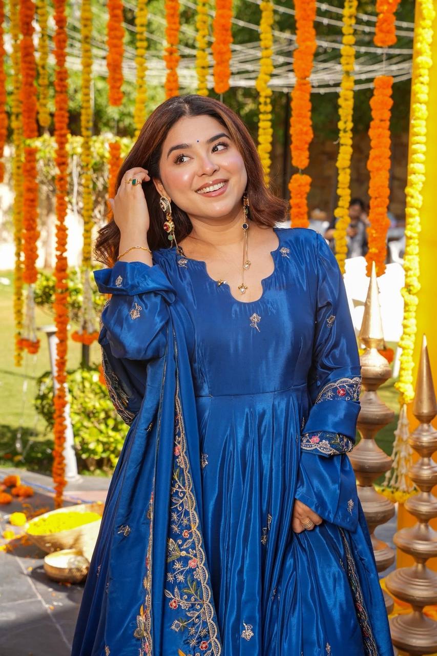 Blue Silk Sequins Embroidered Gown Set