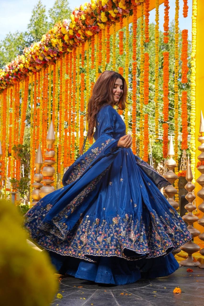 Blue Silk Sequins Embroidered Gown Set
