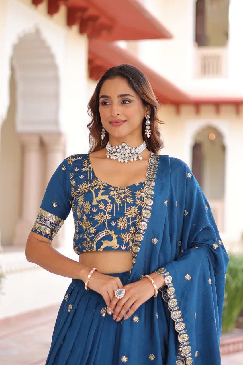 Blue Silk Sequins Lehenga Choli Set