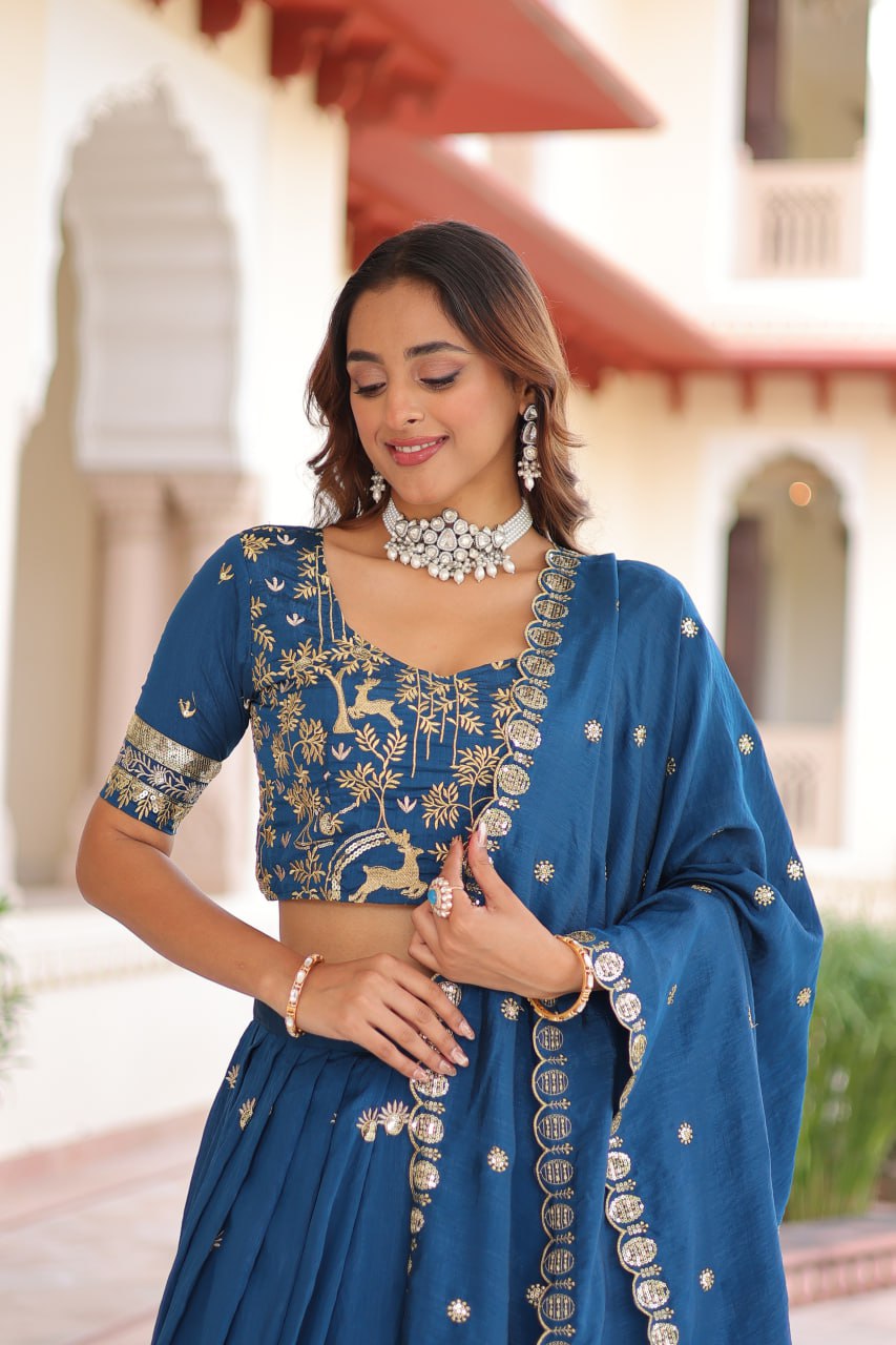 Blue Silk Sequins Lehenga Choli Set