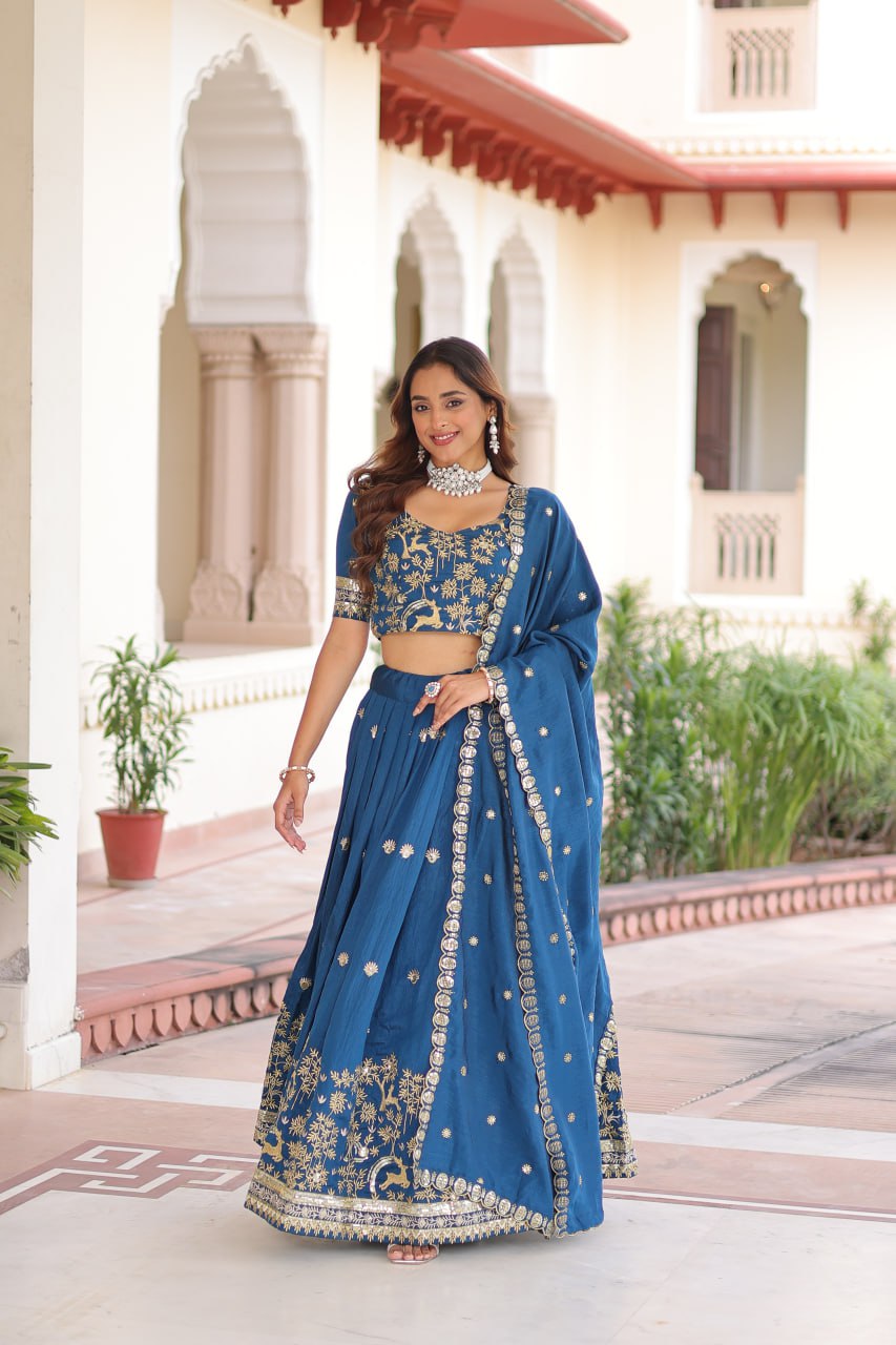 Blue Silk Sequins Lehenga Choli Set