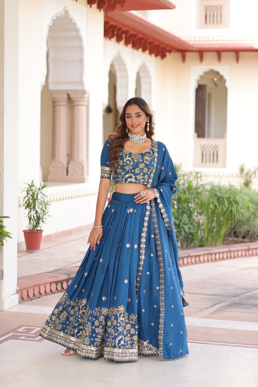 Blue Silk Sequins Lehenga Choli Set