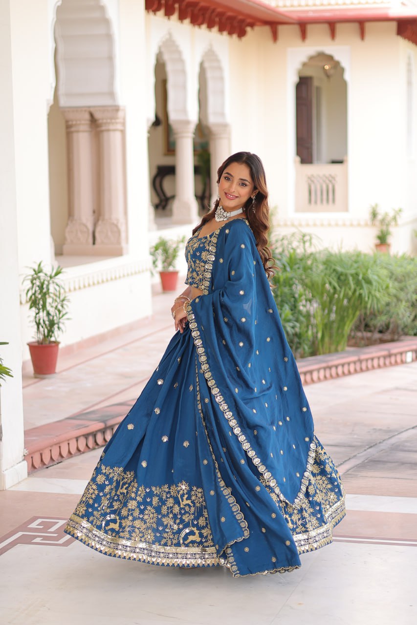 Blue Silk Sequins Lehenga Choli Set