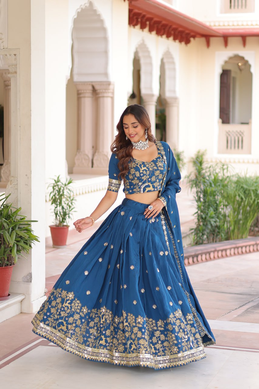 Blue Silk Sequins Lehenga Choli Set