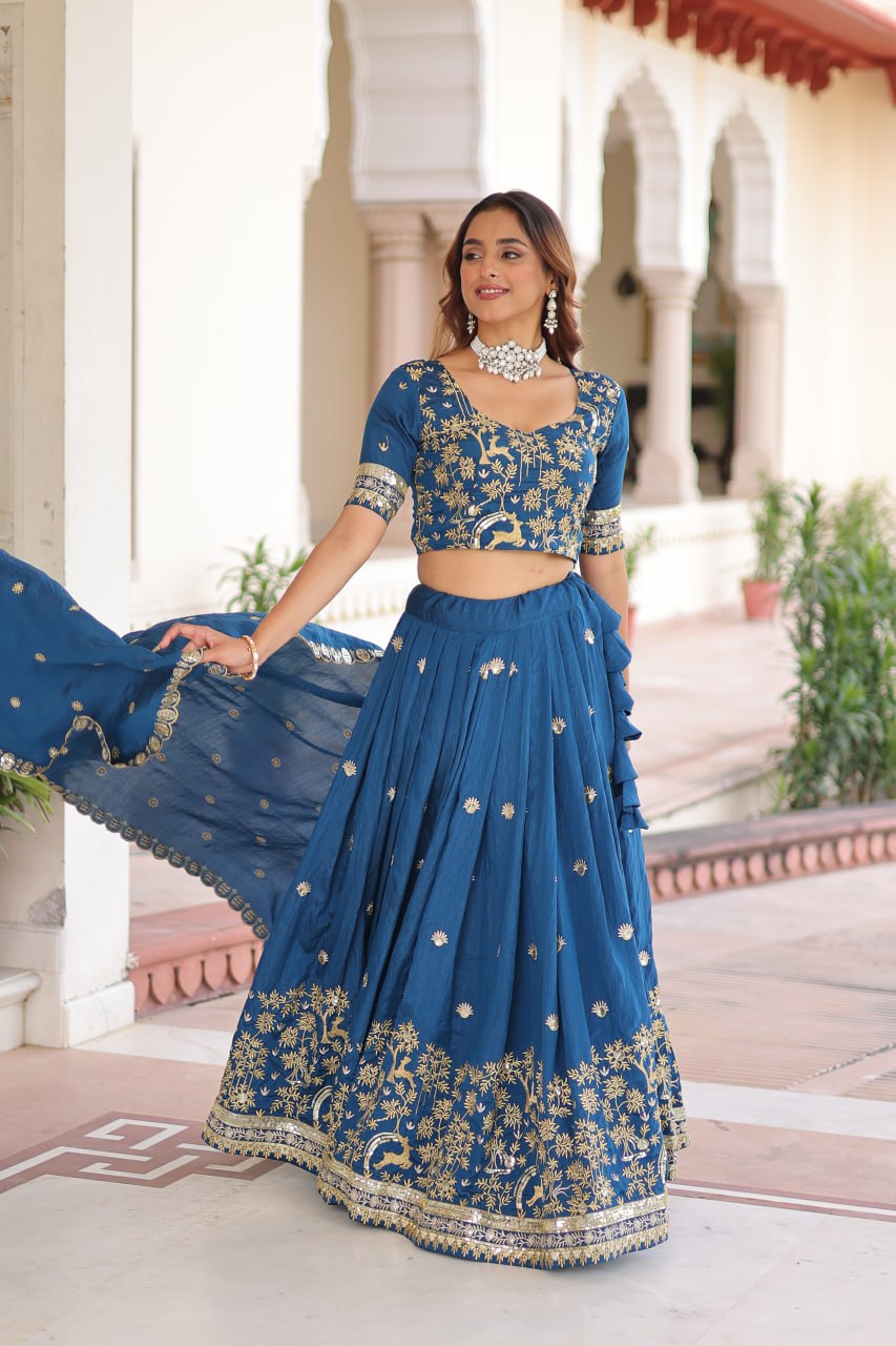 Blue Silk Sequins Lehenga Choli Set