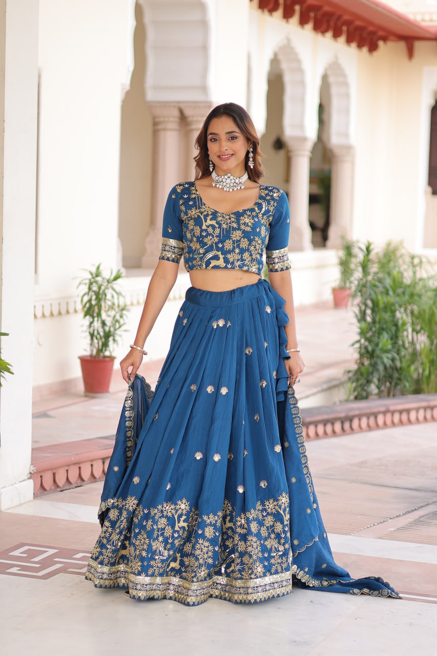 Blue Silk Sequins Lehenga Choli Set