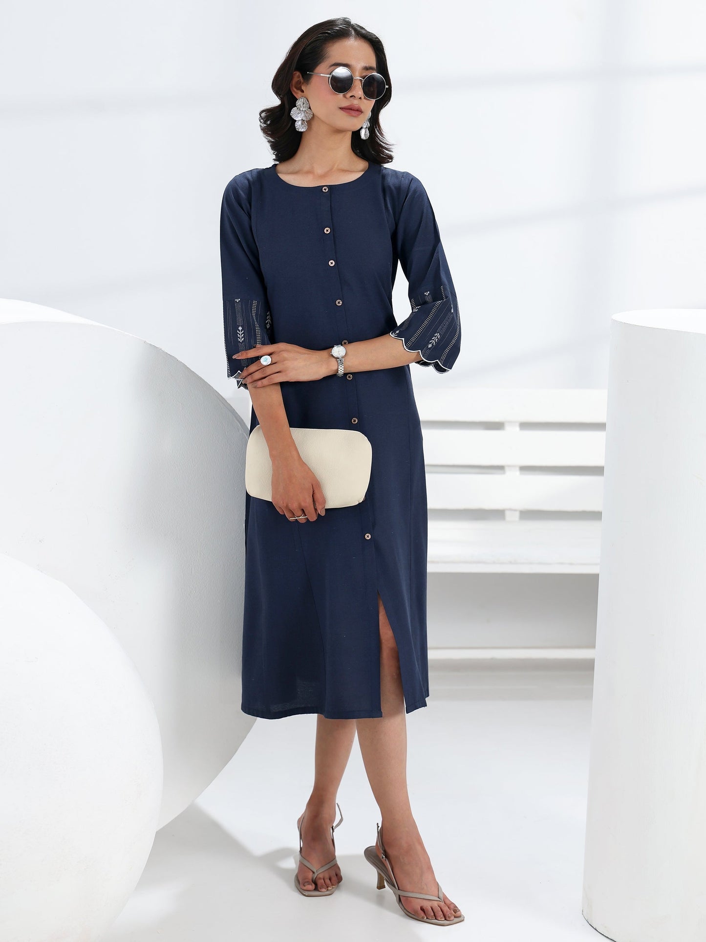Gerua Blue Solid Cotton Blend A-Line One Piece Dress