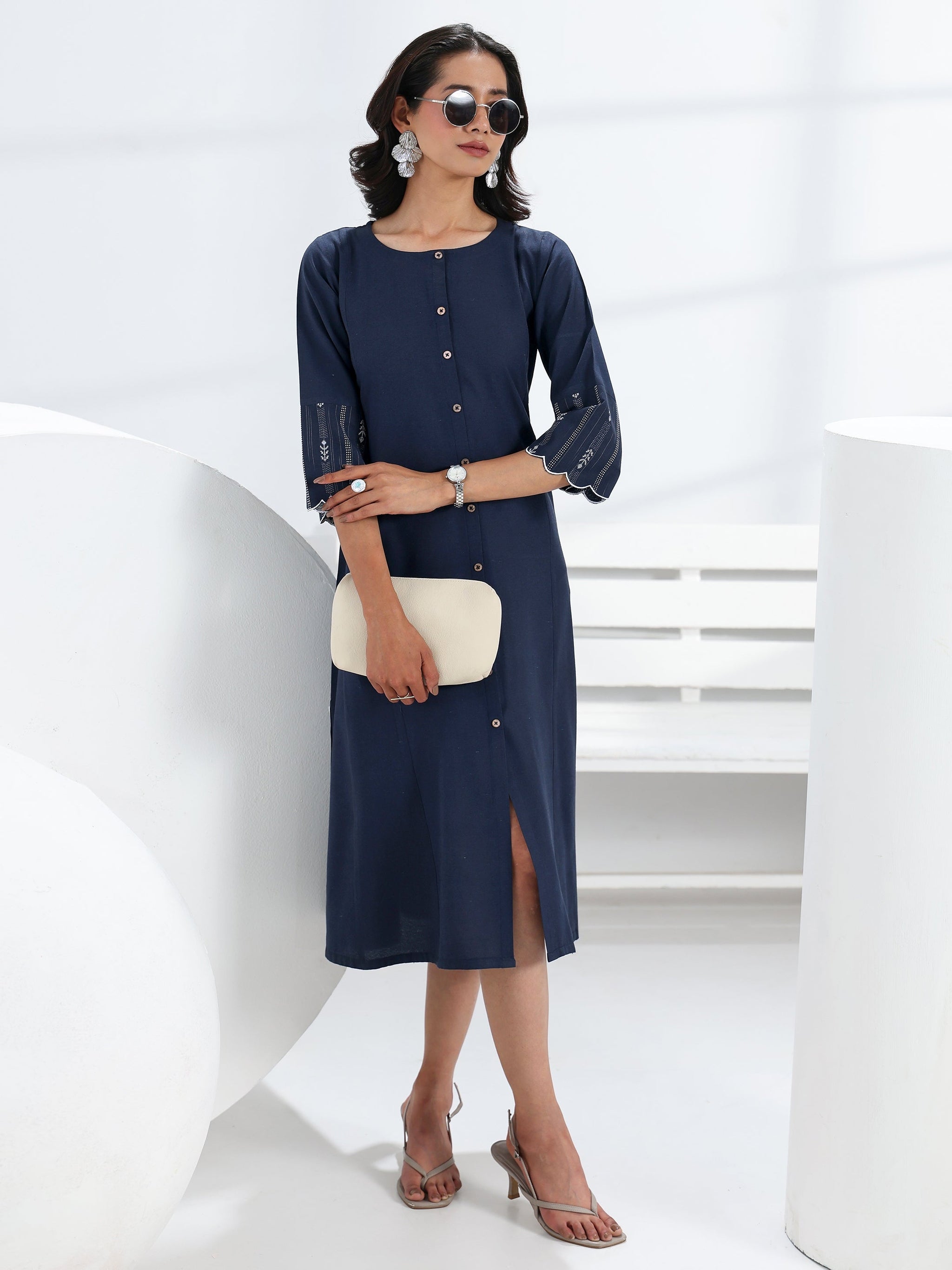 Gerua Blue Solid Cotton Blend A-Line One Piece Dress