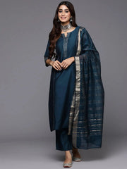 Mameraa Blue Solid Straight Suit With Dupatta - Mameraa