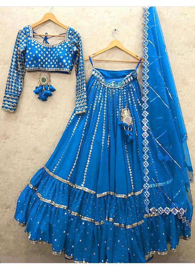 Blue Stunning Georgette Semi-Stitched Lehenga with Ruffle Border Sequins, Heavy Embroidered Faux Georgette Blouse, and Soft Net Dupatta