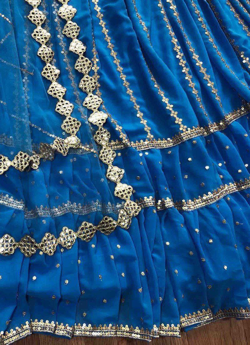 Blue Stunning Georgette Semi-Stitched Lehenga with Ruffle Border Sequins, Heavy Embroidered Faux Georgette Blouse, and Soft Net Dupatta