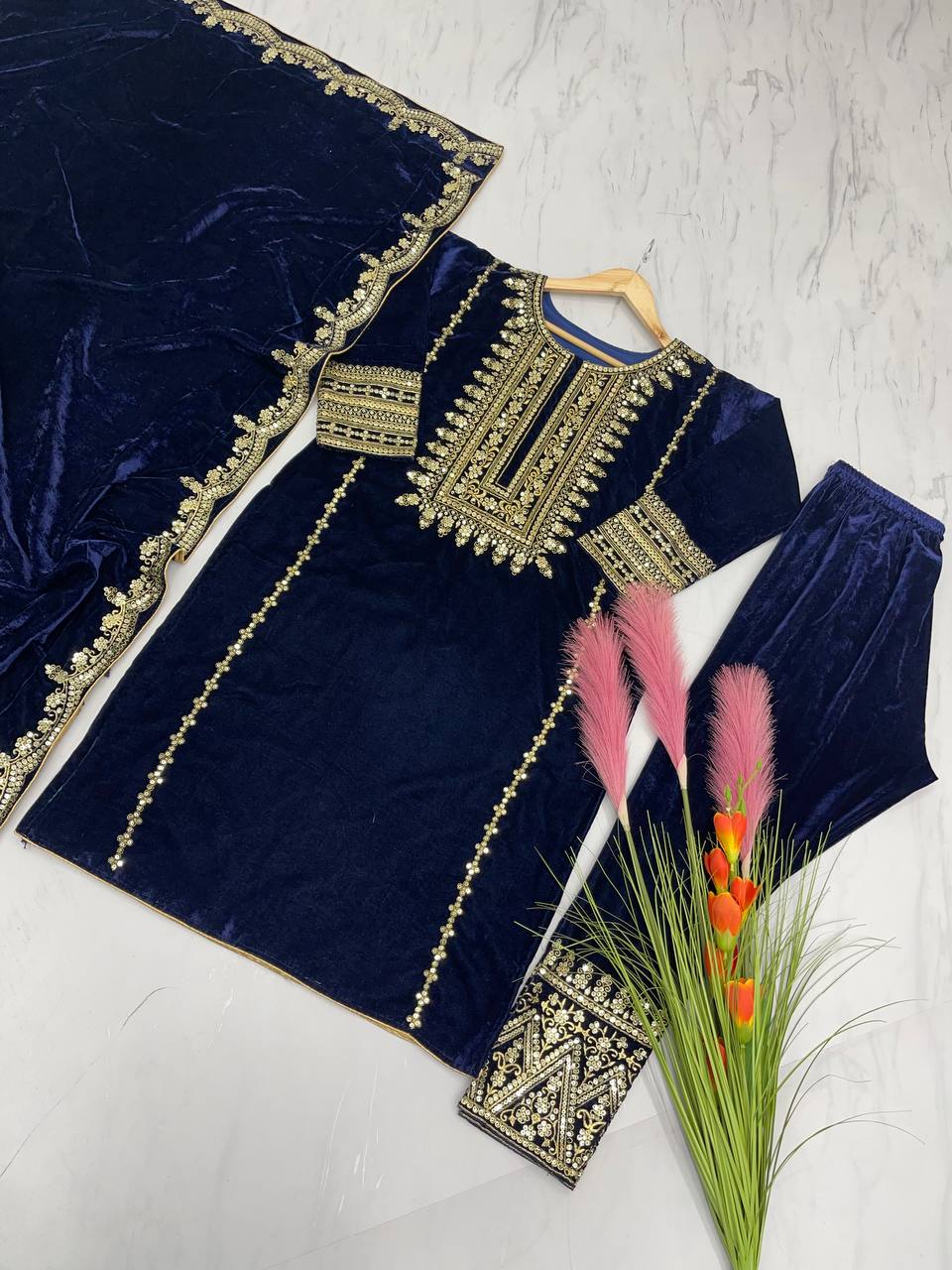 Blue Stunning Look Collection - Elegant Velvet Ensemble