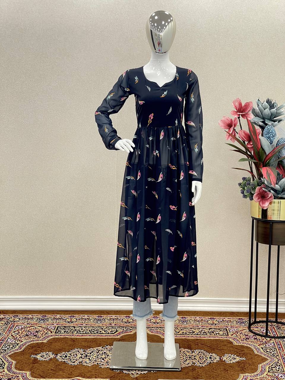 Blue Stylish Heavy Faux Georgette Nyra Style Printed Kurta for Women