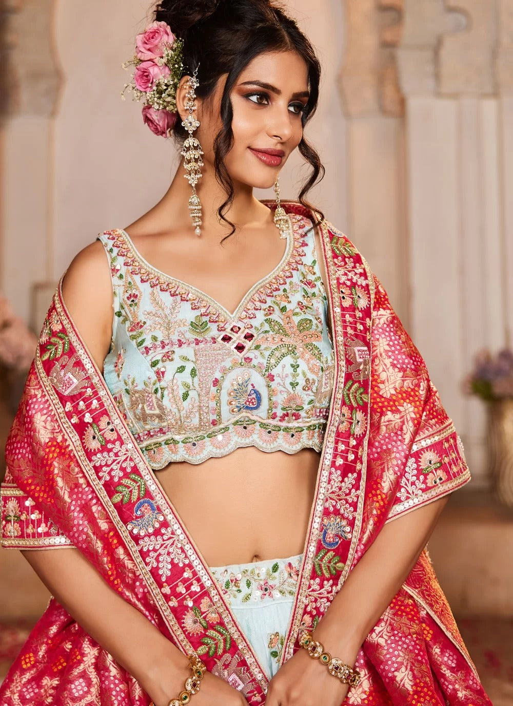 Stunning blue tissue designer bridesmaid lehenga with embroidered dupatta