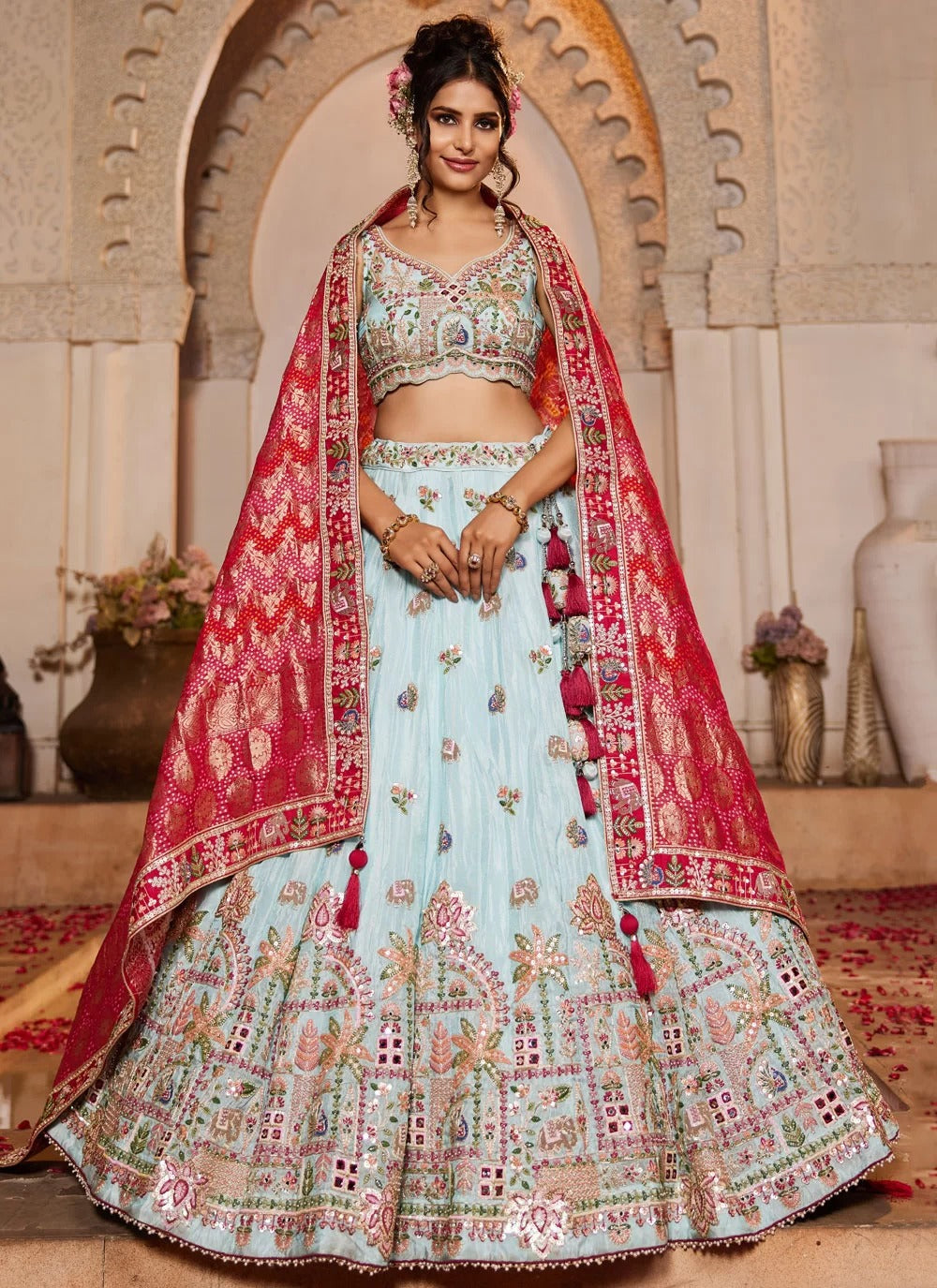 Stunning blue tissue designer bridesmaid lehenga with embroidered dupatta