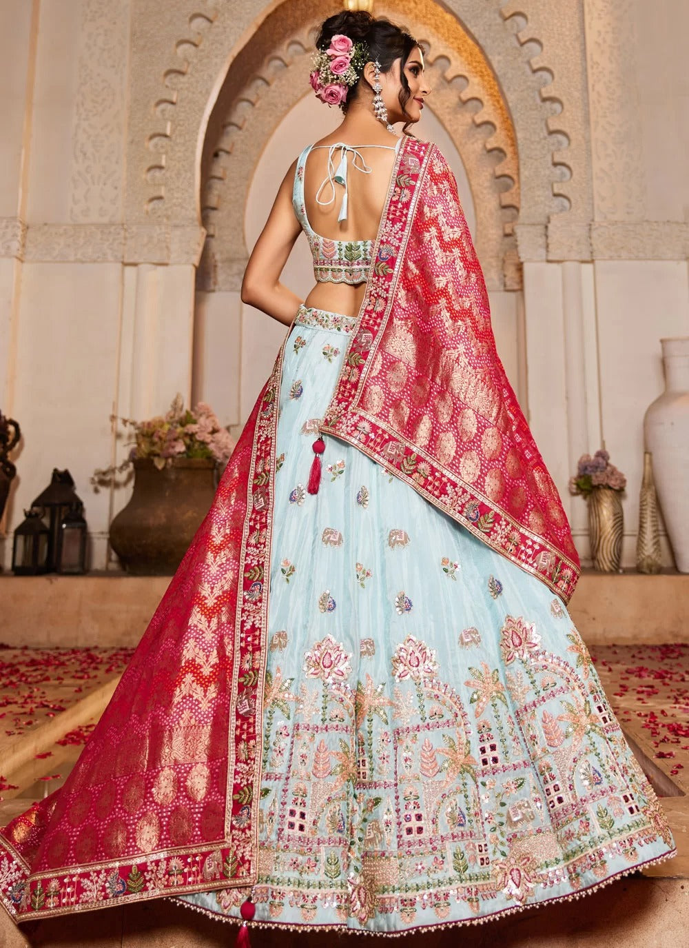 Stunning blue tissue designer bridesmaid lehenga with embroidered dupatta