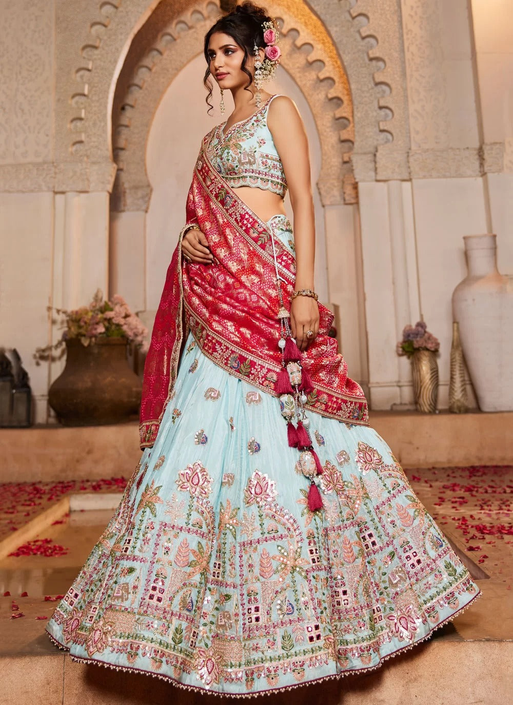 Stunning blue tissue designer bridesmaid lehenga with embroidered dupatta