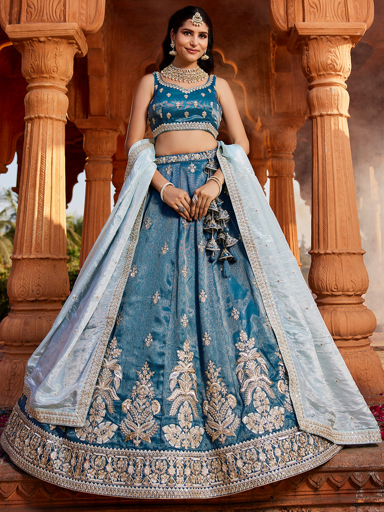 Blue Tissue fabric Full Flaire Semi-Stitched Lehenga