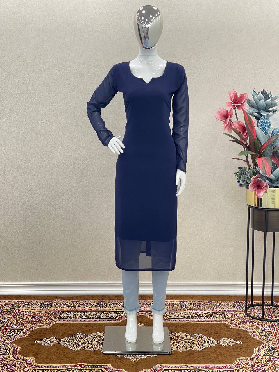 Blue Trendy Printed Straight Kurti - Heavy Soft Faux Georgette
