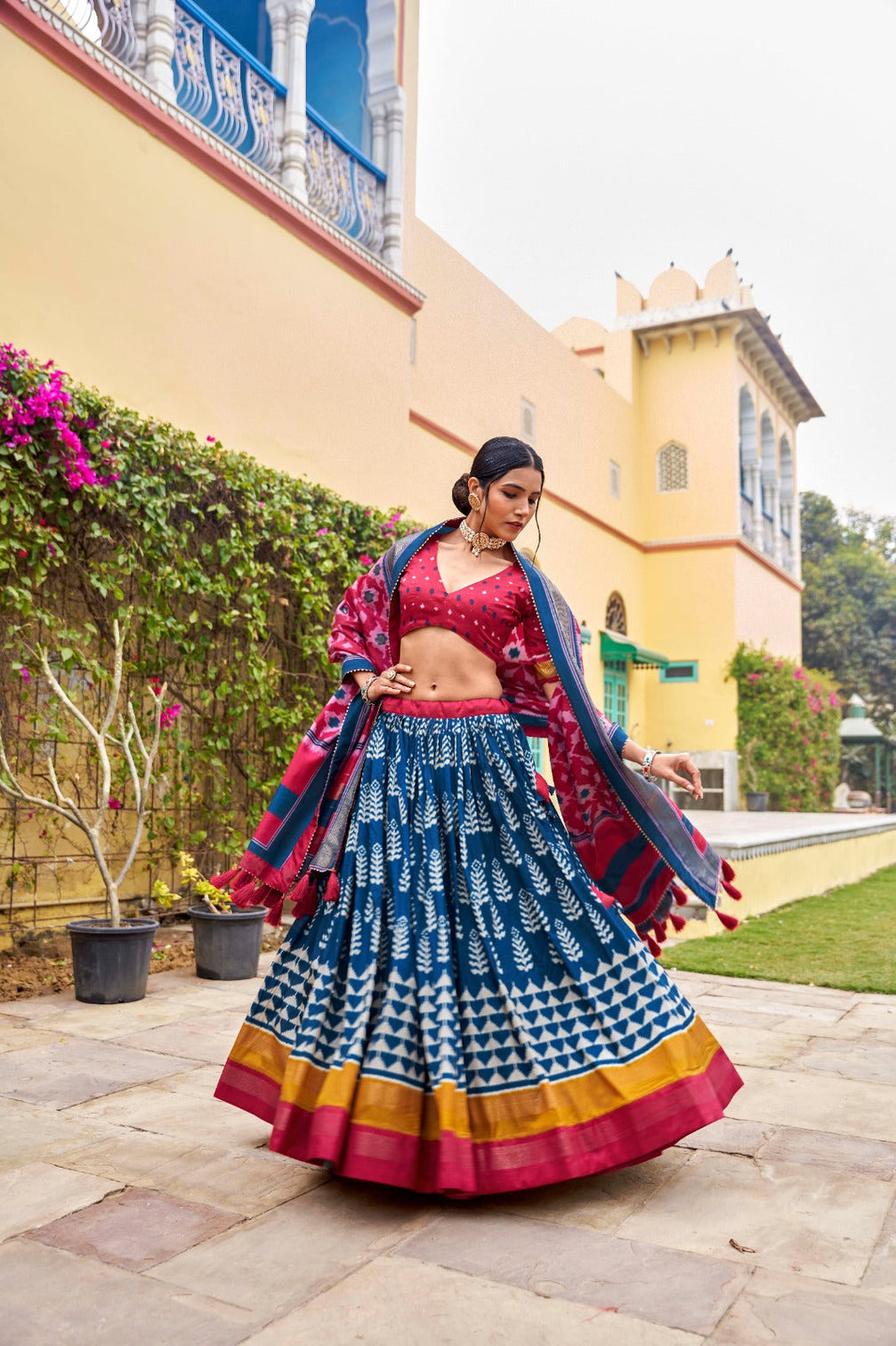 Blue Tussar Silk Lehenga Choli with Printed Foil Work