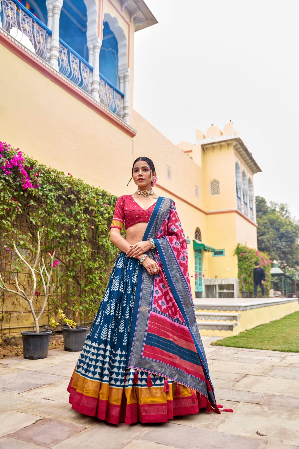 Blue Tussar Silk Lehenga Choli with Printed Foil Work