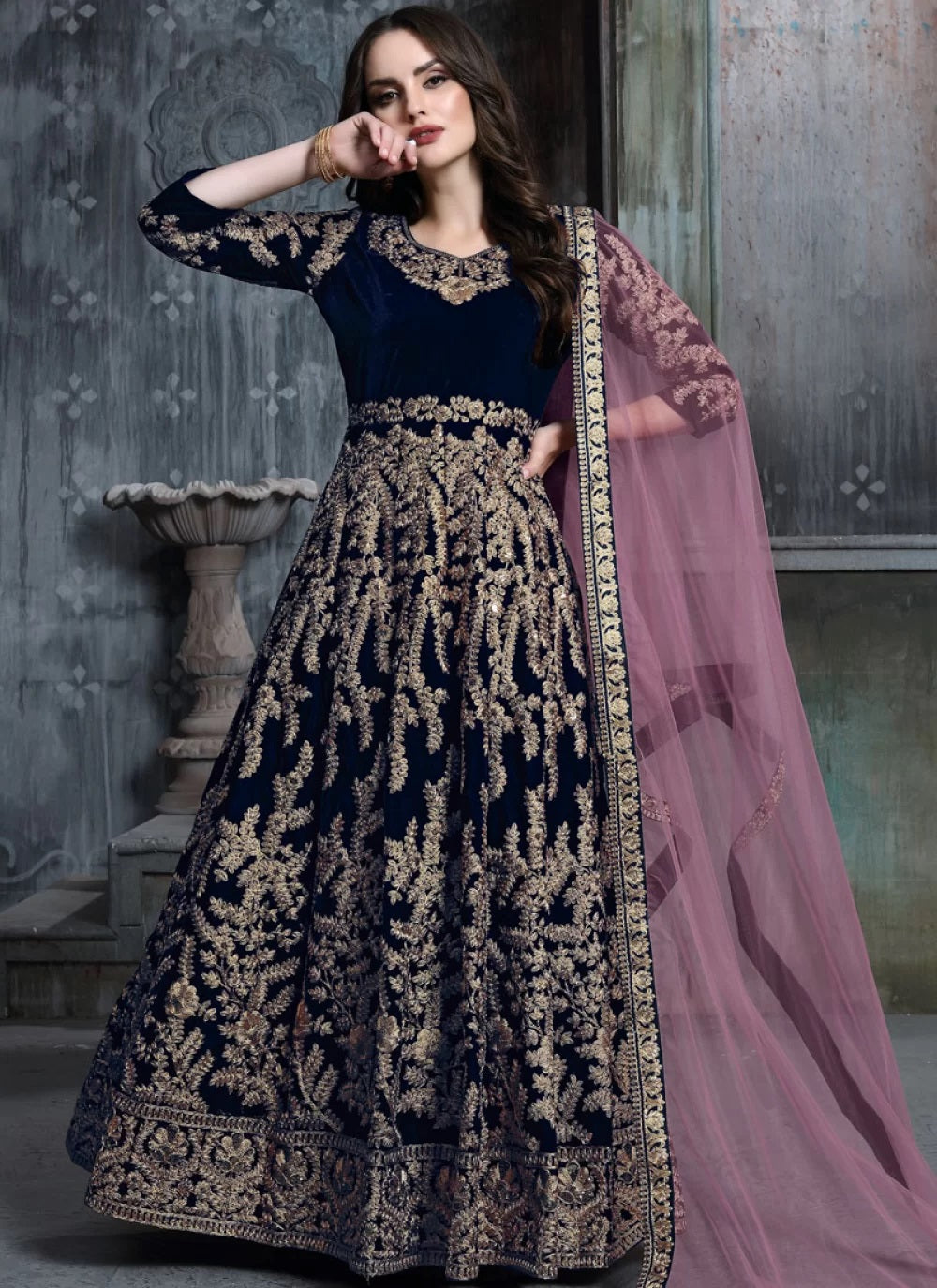 Blue velvet designer anarkali suits