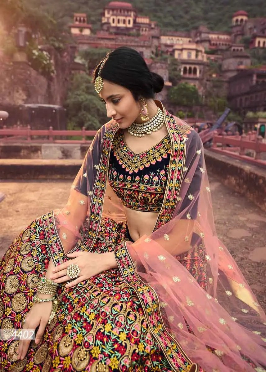 Blue velvet wedding lehenga for bride