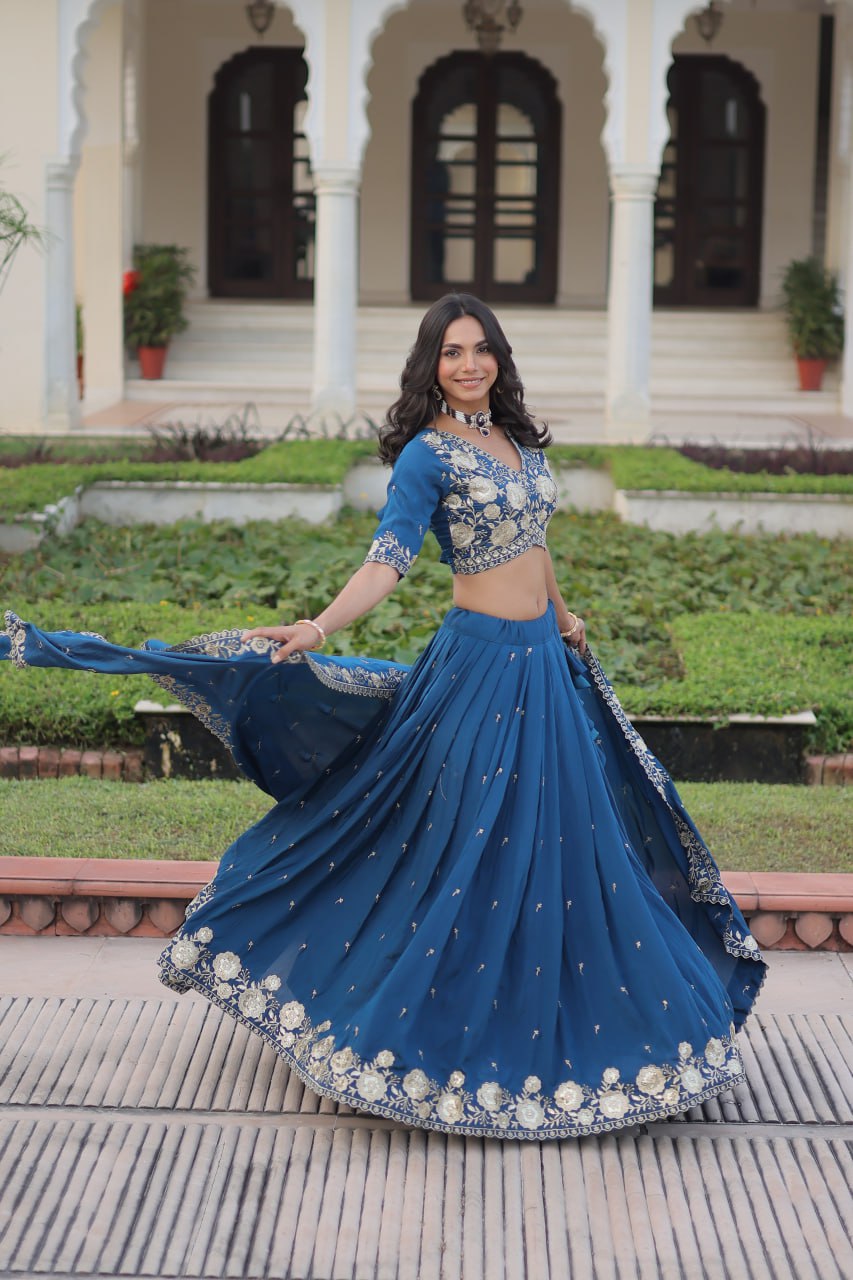 Blue Vichitra Silk Heavy Sequins & Thread Embroidered Lehenga Set with Unstitched Blouse & Designer Dupatta – Full-Stitched Lehenga