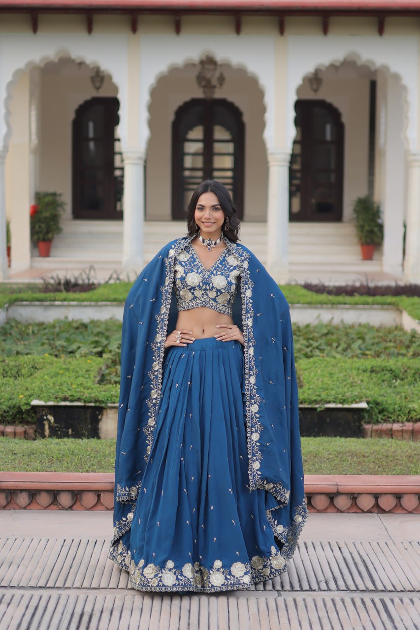Blue Vichitra Silk Heavy Sequins & Thread Embroidered Lehenga Set with Unstitched Blouse & Designer Dupatta – Full-Stitched Lehenga