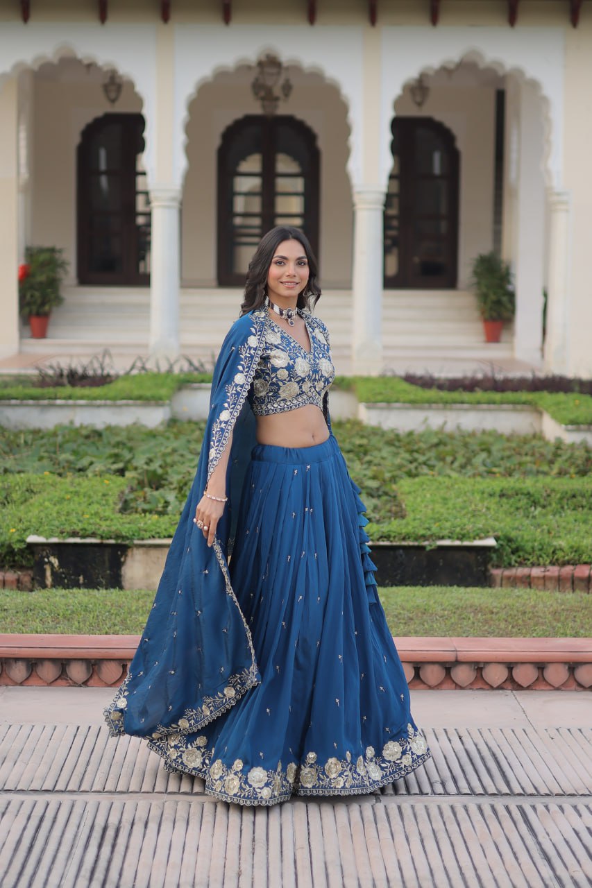 Blue Vichitra Silk Heavy Sequins & Thread Embroidered Lehenga Set with Unstitched Blouse & Designer Dupatta – Full-Stitched Lehenga