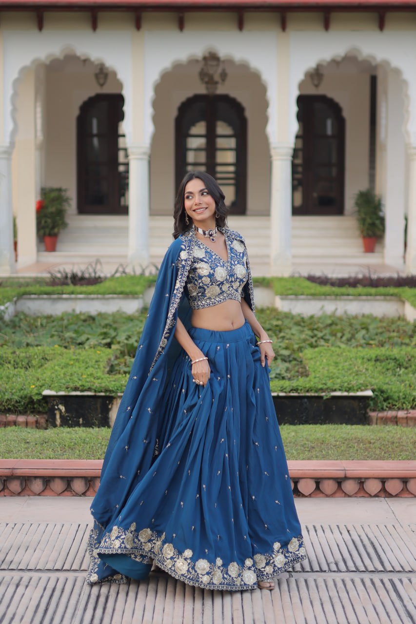 Blue Vichitra Silk Heavy Sequins & Thread Embroidered Lehenga Set with Unstitched Blouse & Designer Dupatta – Full-Stitched Lehenga