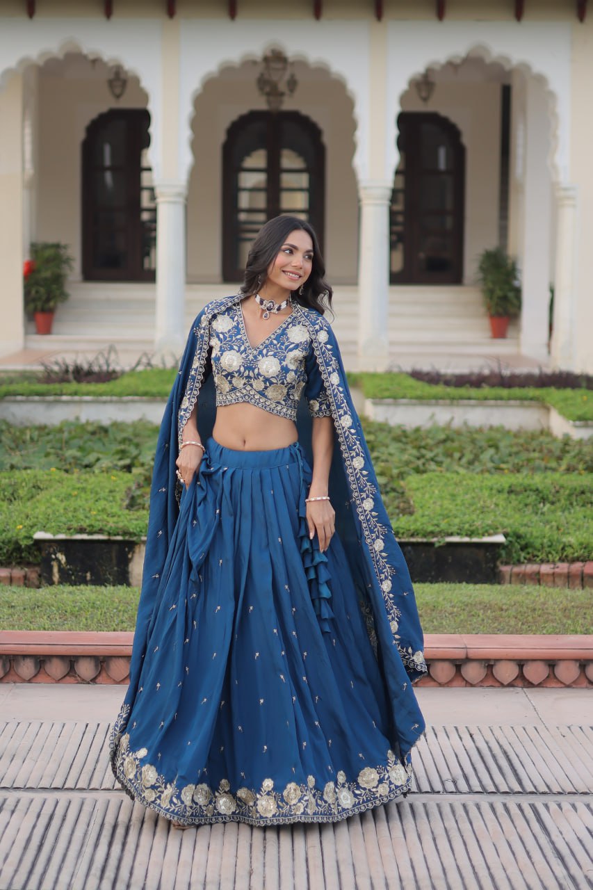 Blue Vichitra Silk Heavy Sequins & Thread Embroidered Lehenga Set with Unstitched Blouse & Designer Dupatta – Full-Stitched Lehenga